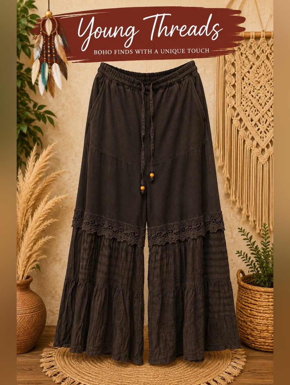 155 Young Threads Brown Wide-Leg Tiered Lace-Trim Pants